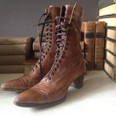 Antique 1900s Edwardian Victorian Chestnut Brown Leather High Laced Boots 