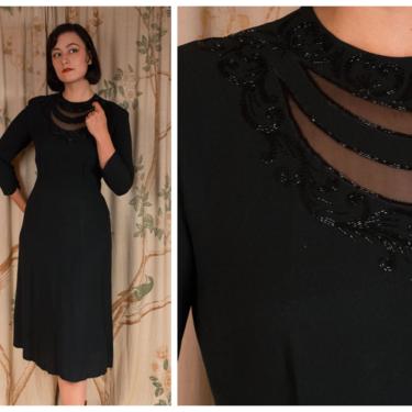 1940s Dress - The Increscent Dress - Sophisticated Black Rayon Crepe 40s Cocktail Dress with Sheer Beaded Neckline Volup 