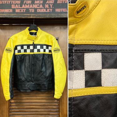 Vintage 1970’s “Bates” Race Flag Cafe Racer Leather Jacket, 70’s Jacket, 70’s Motorcycle Jacket, 70’s Racer Top, Vintage Clothing 