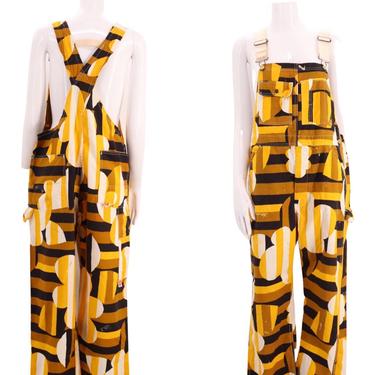 RARE 60s SKYR flower power print overalls L / vintage 1960s workwear jumpsuit yellow Op Art graphic textile 