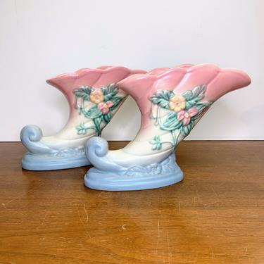 Vintage Hull Art Pottery Pair of Cornucopia Wild Flower Blue and Pink Vase 