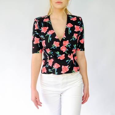 Vintage 90s Ungaro Double Breasted Broad Shoulder Short Sleeve Blouse w/ Vibrant Floral Print | Cotton Twill | 1990s Designer Crop Jacket 