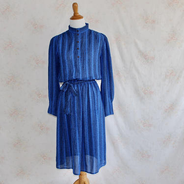 Vintage 80s Secretary Dress, 1980s Geometric Dress, Absract Print, Striped, Sheer, Blue, Puff Sleeves 