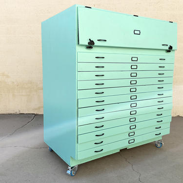 Large 1950s Flat File Cabinet in Mint Green, Custom Vintage