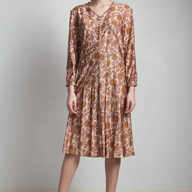 brown pleated paisley day dress vintage 70s polyester faille long sleeves below the knee XL extra large 