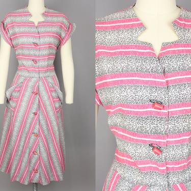 1940s Striped Cotton Dress · Vintage 40s 50s Pink & Black Shirtwaist Dress · Large 