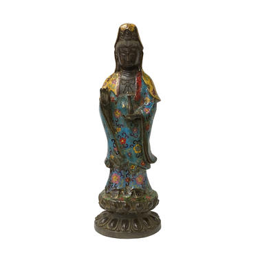 Vintage Metal Blue Yellow Enamel Cloisonné Standing Kwan Yin Statue ws1426E 