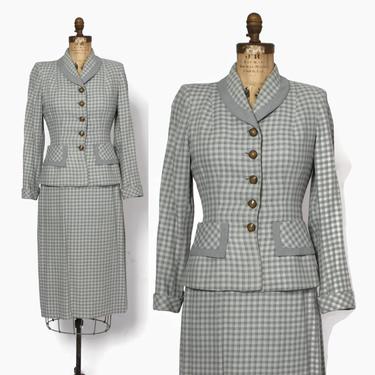 Vintage 40s Gray &amp; Yellow Wool Suit / 1940s Woven Wool Tailored Blazer Jacket Pencil Skirt 