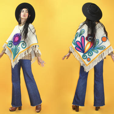 Vintage 60s Mexican Chain Stitch Art Woven Fringe Poncho /Fits All Sizes/ 1970s Indigenous Colorful Yarn Applique Flower Bird Boho Cape 