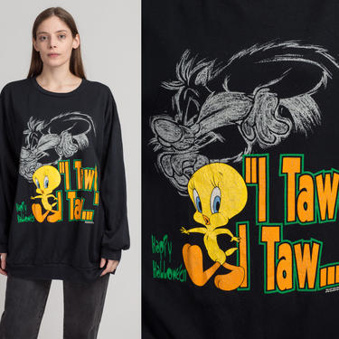 90s Tweety Bird &amp; Sylvester &amp;quot;I Tawt I Taw..&amp;quot; Sweatshirt - 2X | Vintage Black Halloween Looney Tunes Slouchy Cartoon Pullover 
