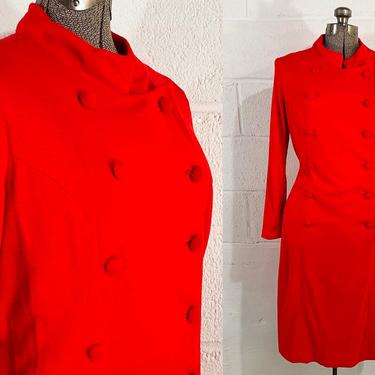Vintage Bold Red Button Front Dress Shift Fabric Buttons Mod MCM 1960s 60s Design Long Sleeve Shirtdress Mid-Century Union Made Large Medium 