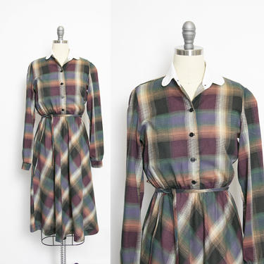 Vintage 1970s Dress Plaid Cotton Shirt Front Full Skirt 70s Small S 