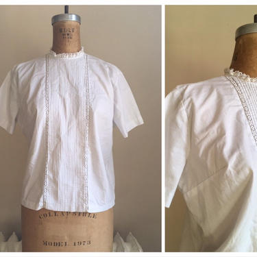 1950s white pintucked blouse, white ruffled lace blouse / vintage '50s heirloom blouse, crisp white cotton blouse, 50s button back shirt 