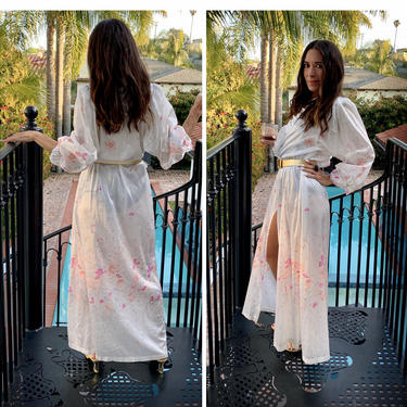 Vintage 70s Maxi Dress Wrap Kimono Duster Jacket Cape Floral White XS S M 