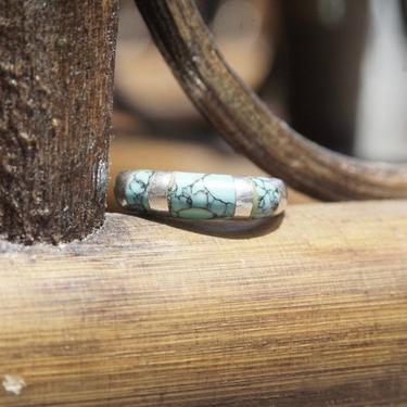 Vintage Sterling Silver Turquoise Inlay Ring, Tapered Silver Band Ring, Light Blue Speckled Turquoise, Stackable Rings, Size 8 1/2 US 