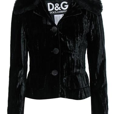 Dolce & Gabbana - Black Velvet Button-Up Jacket w/ Faux Fur Collar Sz 4