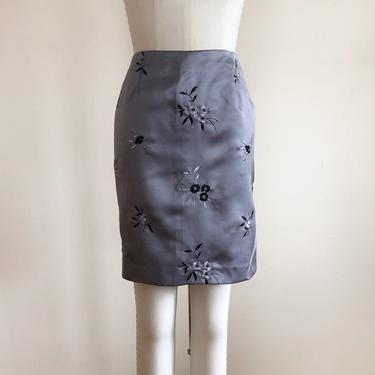 Grey Satin Mini-Skirt with Floral Embroidery - 1990s 