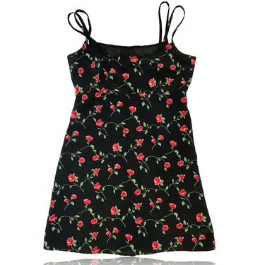 90s Black and Red Floral Strappy Mini Dress A-Line Dress Y2K // Size 5/6  // My Michelle 