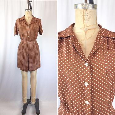 Vintage 40s Playsuit | Vintage brown and white polka dot playsuit romper | 1940s rayon jumper one piece 