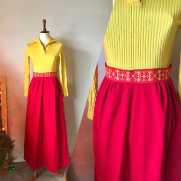 Vintage yellow and red maxi 1970s dress collar long sleeve size small 