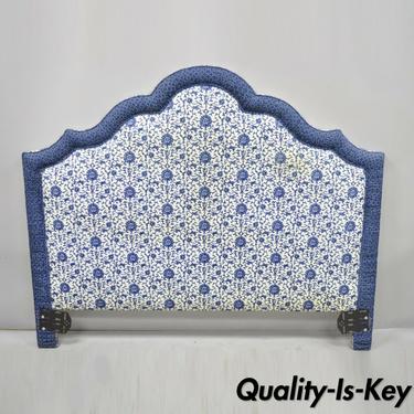 Vintage Blue &amp; White Upholstered French Country Custom Queen Size Bed Headboard