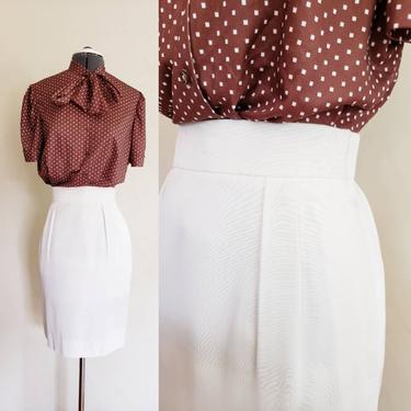 1980s Yves Saint Laurent White Pencil Skirt / 80s High Waisted Designer YSL Office Secretary Summer Textured Rayon Midi Skirt /M  38 /Joelle 