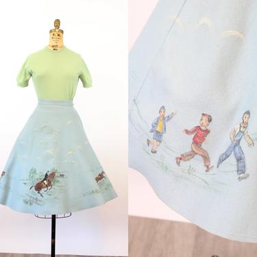 1950s novelty horse jumping and children HAND PAINTED skirt xs | new winter 