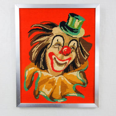 Vintage laughing clown art large framed needlepoint 21x17&amp;quot; funny creepy textile wall art 70s 80s, happy circus decor for kids room, set, bar 