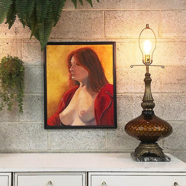 Vintage Nude Portrait 1979 Retro Size 25x21 Topless Woman Acrylic Canvas Painting in Black Wood Frame Singed By Artist 