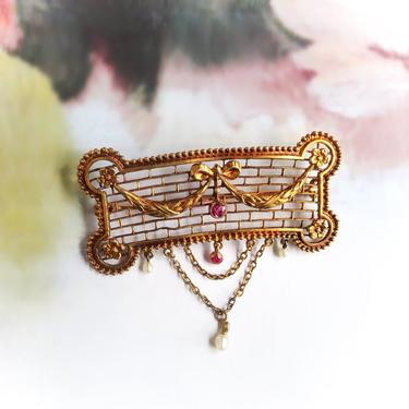 Antique Victorian Ruby Pearl Bow Swag Brooch 18K Yellow Gold 