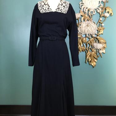1980s dress, black wool dress, vintage 80s dress, mermaid hem, dolman sleeves, 1940s style dress, small medium, tea stained lace, 