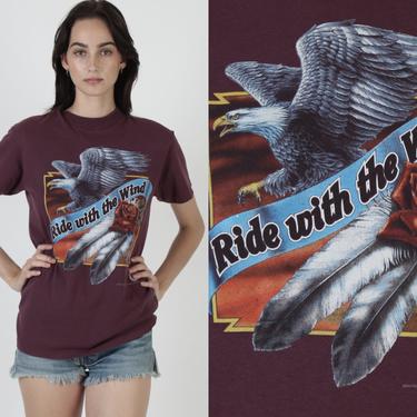 Ride With The Wind T Shirt / 3d Emblem Eagle Feathers / Vintage American Biker 50 50 T Shirt / 1993 Freedom Cycles Tee Medium M 