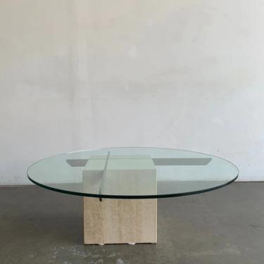 1980s Travertine and Brass Coffee Table 