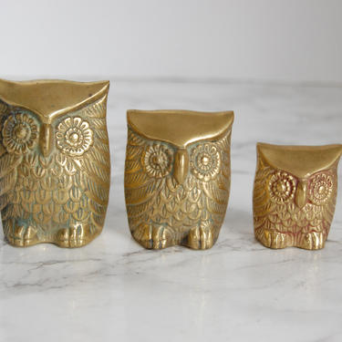 Brass Owl Figurines - Trio Brass Owl Statue - Vintage Brass Owl Family by PursuingVintage1