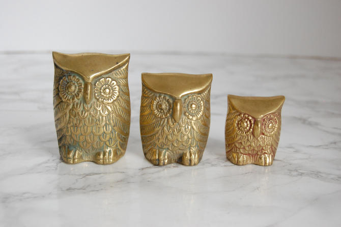 Vintage Leonard Solid Brass Set of 3 Owl Figures