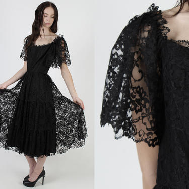 Vintage 70s Gothic Wedding Dress / Sheer Black Lace Saloon Dress / 1970s Goth See Through Bridal / Western Steampunk Maxi Dress 