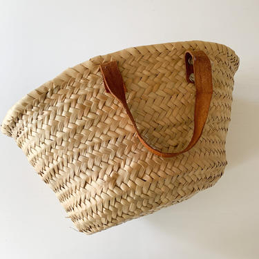 Vintage Woven Basket Purse with double leather handles 