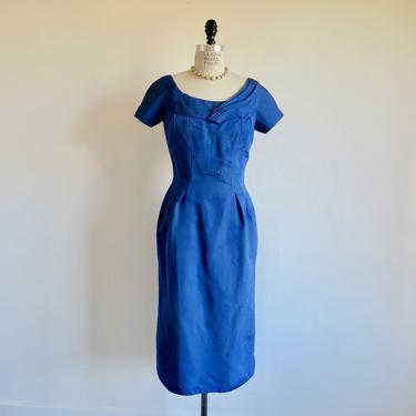 Vintage 1950's Cobalt Blue Wiggle Sheath Dress Evening Cocktail Party Pin Up Rockabilly Max Lawrence 29&amp;quot; Waist Small Medium 