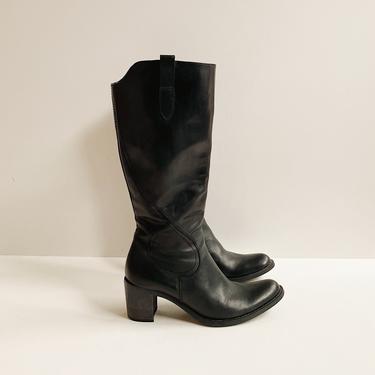 Vintage Black Leather Knee High Boots | Size 8