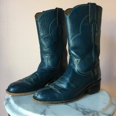 Size 5 Boots / 1980's Justin Boots / Navy Blue / Wooden Stacked Boots / Stompin Boots / Leather Cowboy Boots / Country Western Boots 
