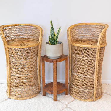 Set of 2 - Tall Bar Stool Rattan Wicker Woven Vintage Bohemian Peacock Chairs (Sold as a Pair) 