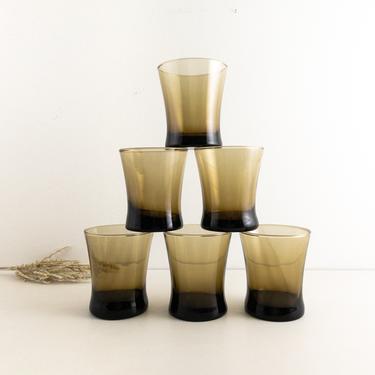 Set of 6 Smoky Brown Glasses, Double Old Fashioned Glassware, Anchor Hocking Linden Mocha, MCM Barware 