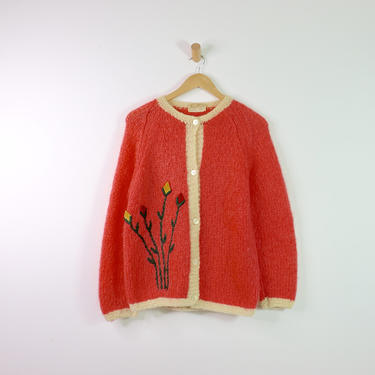 Vintage 50's Italian Coral Embroidered Mohair Cardigan Sweater, 38&amp;quot; Bust 