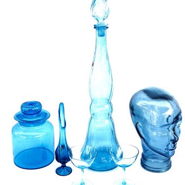 Mid-Century 26&amp;quot; Blue Art Glass Floor Decanter || Vintage Retro Italian Colored Glass Genie Decanter Decorative Bottle Vase 