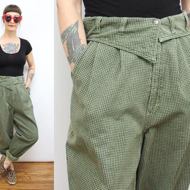 Vintage 90's Green and Black Gingham Roll Top Trousers / 1990's Special Issue Bugle Boy Pants / High Waisted / Women's Size Medium 28&amp;quot; Waist by Ru