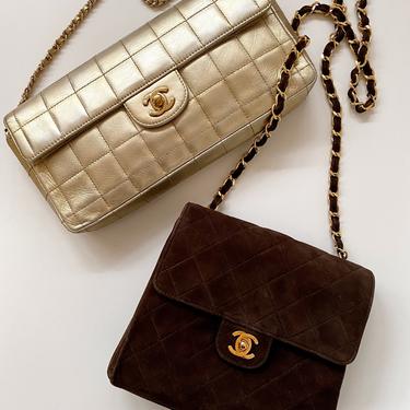 Vintage 90s Chanel CC Logo Turnlock Silver Quilted East West Classic Flap Gold Chain Shoulder Bag 