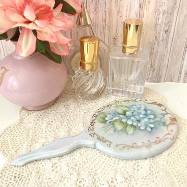 Vintage Hand Mirror, Hand Painted Porcelain, Blue Floral, Gold Metallic Trim, Ceramic 
