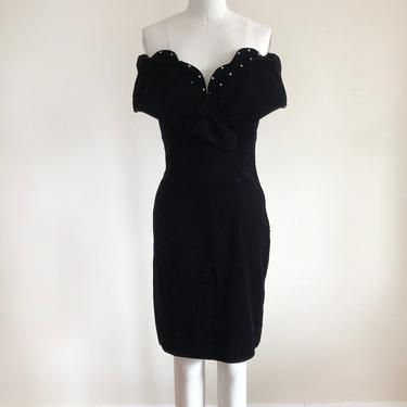 Off-Shoulder Black Velvet Mini-Dress with Rhinestone Embellishment - 1980s 