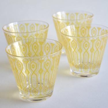 Swank Yellow/Clear Double Old Fashioned Juice Glasses | Set 4 Mid-Century Modern Vintage Barware | Mad Men Culver Briard Style Low Tumblers 