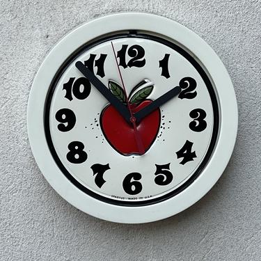 Vintage Round White Red Apple Kitchen Wall Clock by Spartus, Updated Quartz Movement 